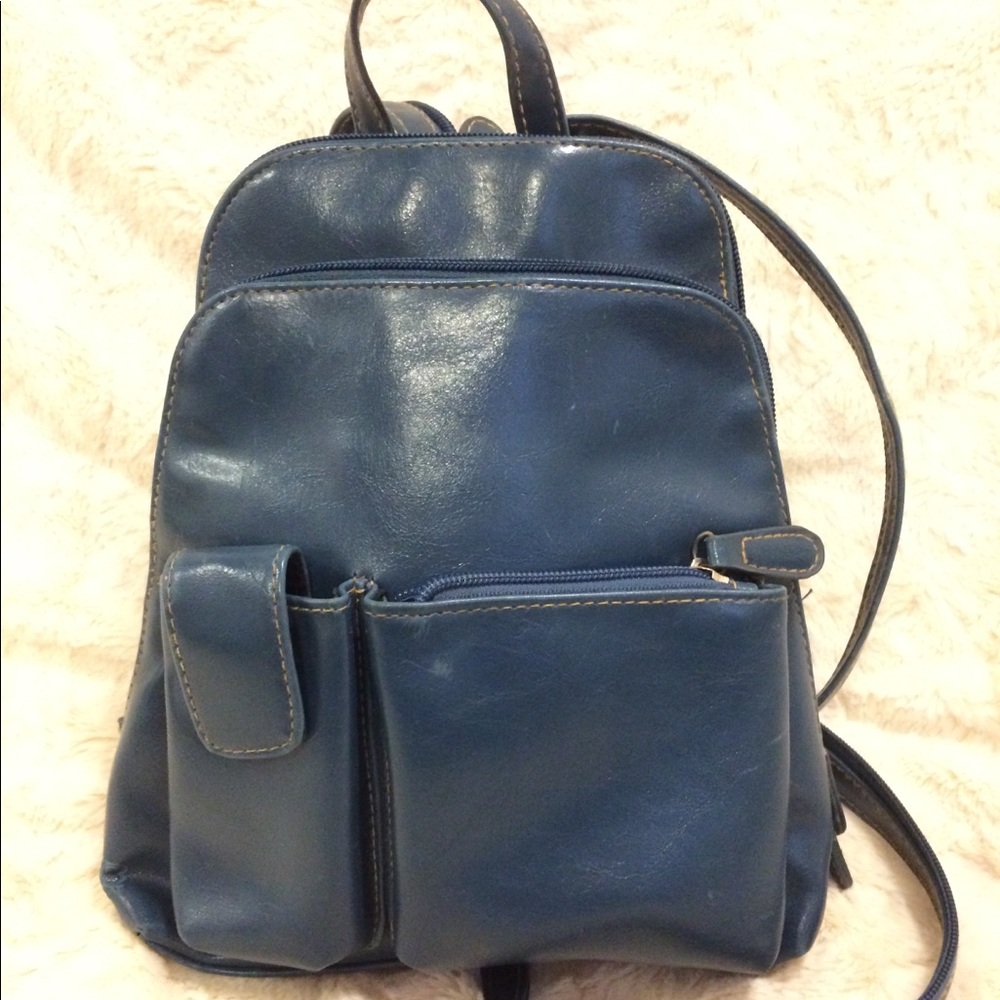 Vintage Dusky Blue Small Faux Leather Bag/Backpack